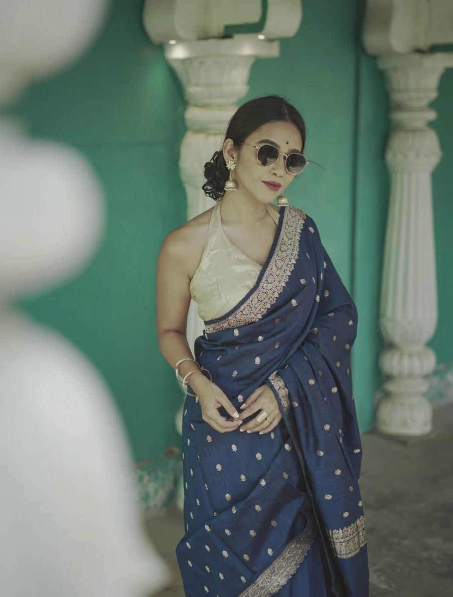 Stylish Blue Color Cotton Silk Saree With Blouse Piece