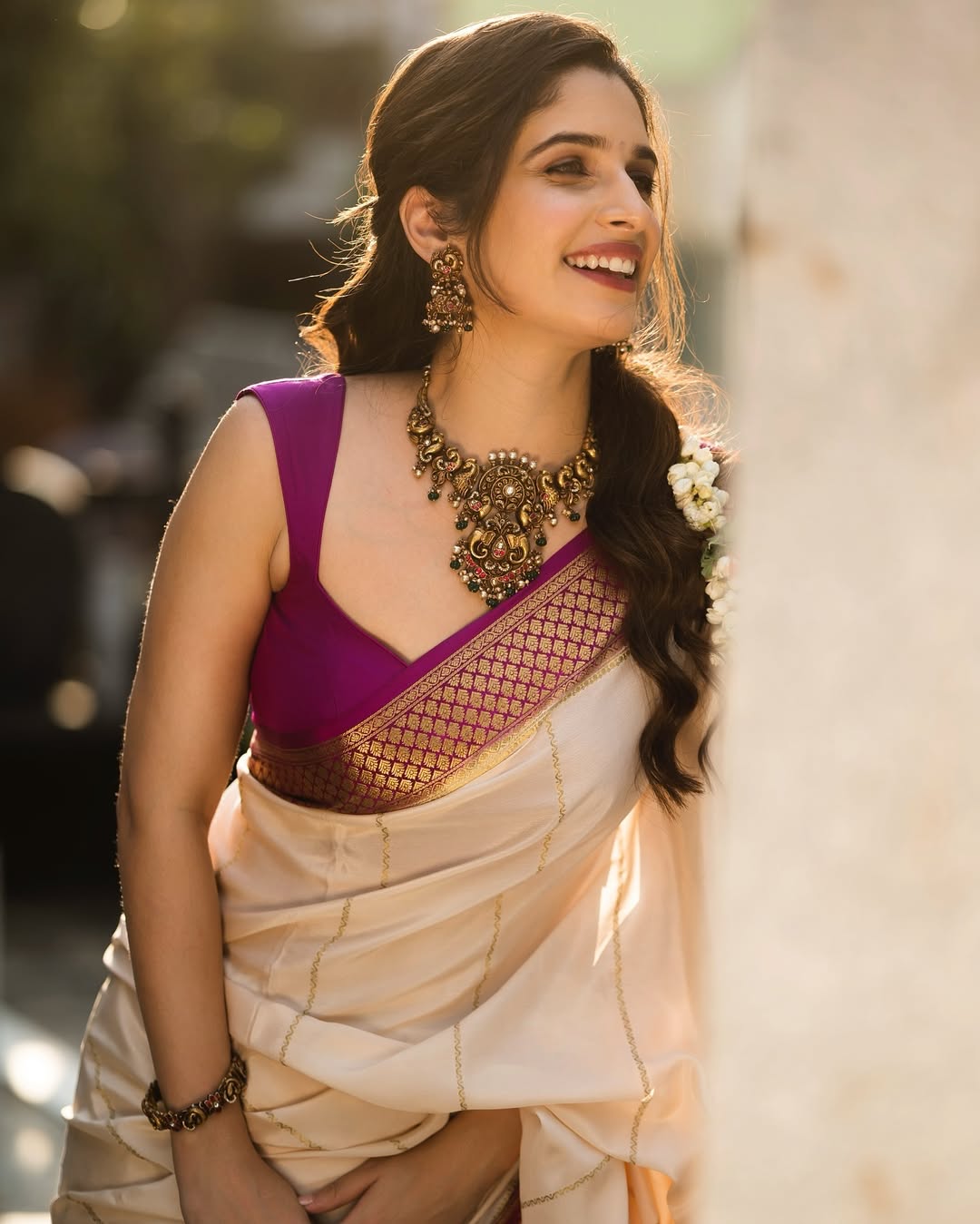 Latest Designer Cream Banarasi Silk Saree with Rich Pallu