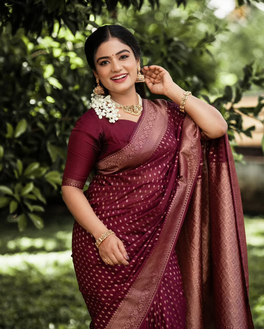 Wedding Maroon Color Soft Silk Saree With Blouse Piece