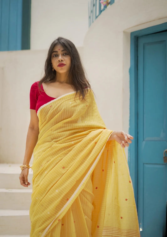 Beautiful Soft Linen Yellow Color Saree With Blouse Piece