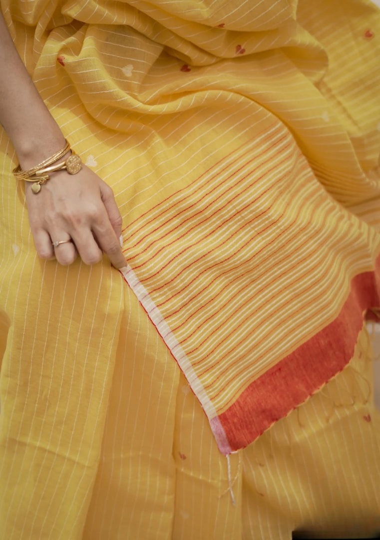 Beautiful Soft Linen Yellow Color Saree With Blouse Piece