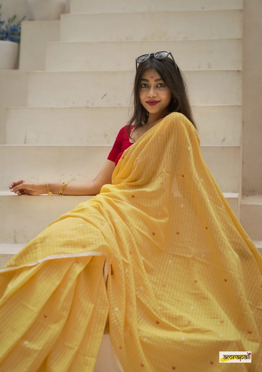 Beautiful Soft Linen Yellow Color Saree With Blouse Piece
