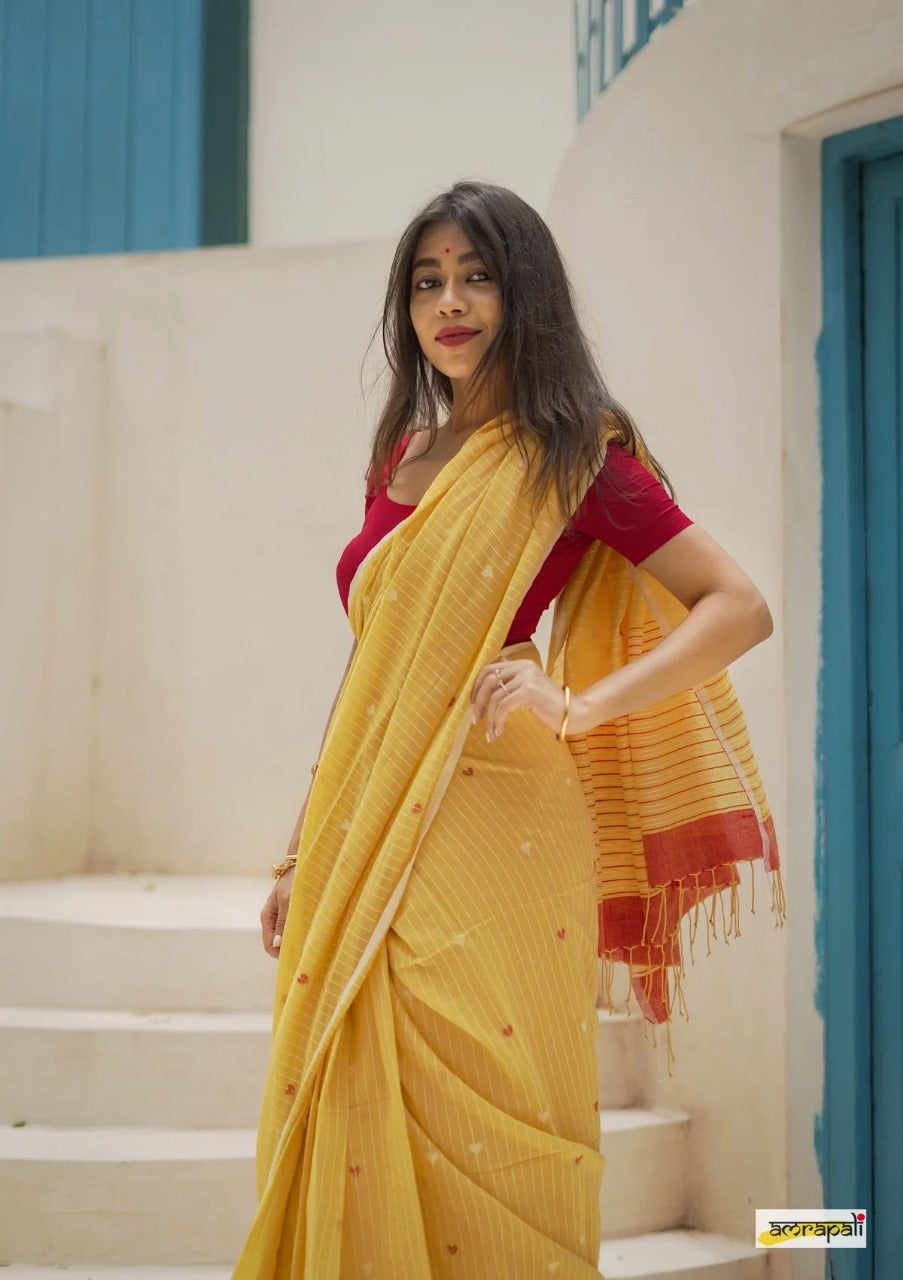 Beautiful Soft Linen Yellow Color Saree With Blouse Piece