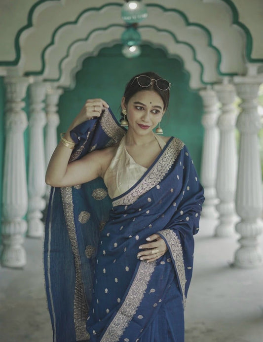 Stylish Blue Color Cotton Silk Saree With Blouse Piece