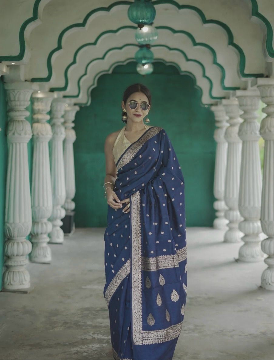 Stylish Blue Color Cotton Silk Saree With Blouse Piece