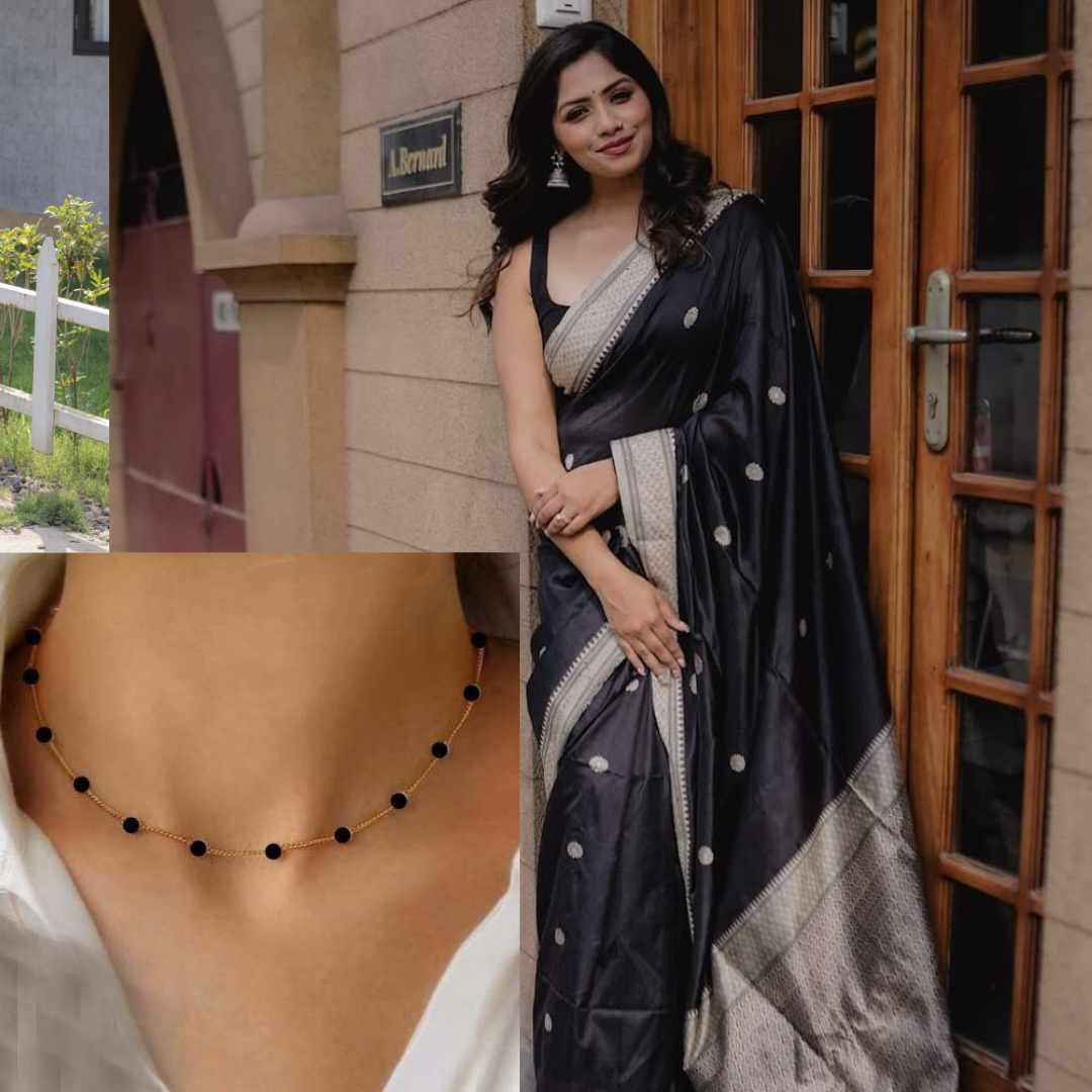 Combo Of Black Saree With Pearls Necklace