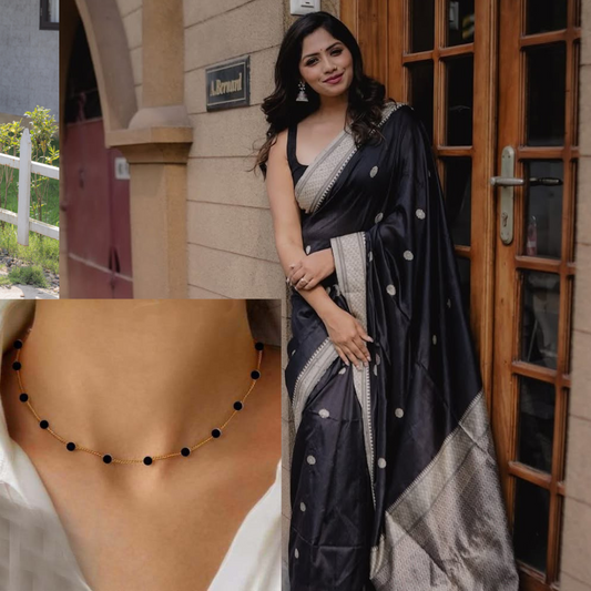 Combo Of Black Saree With Pearls Necklace