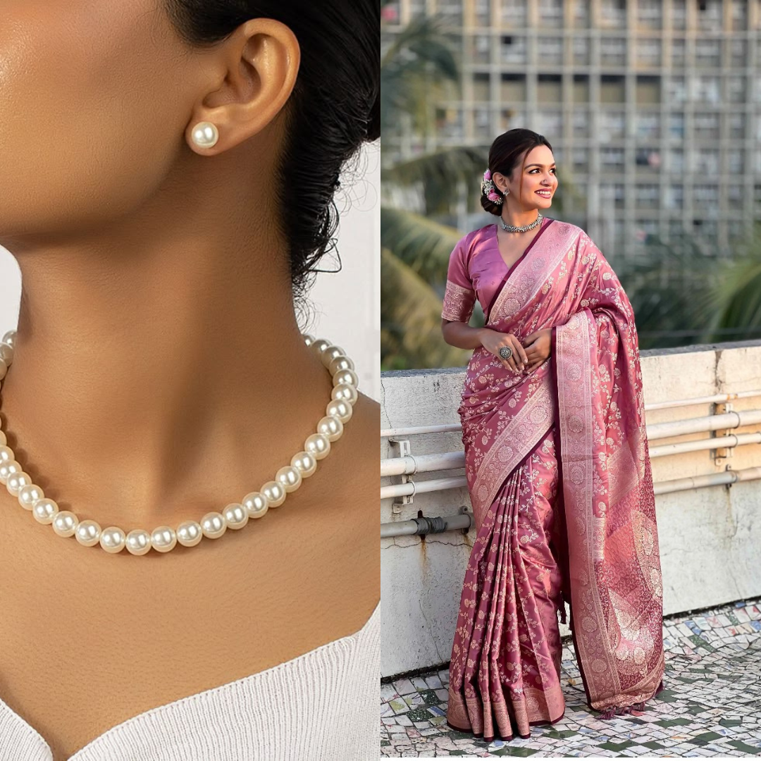 Combo Of Pink Saree With White Pearls Necklace Set