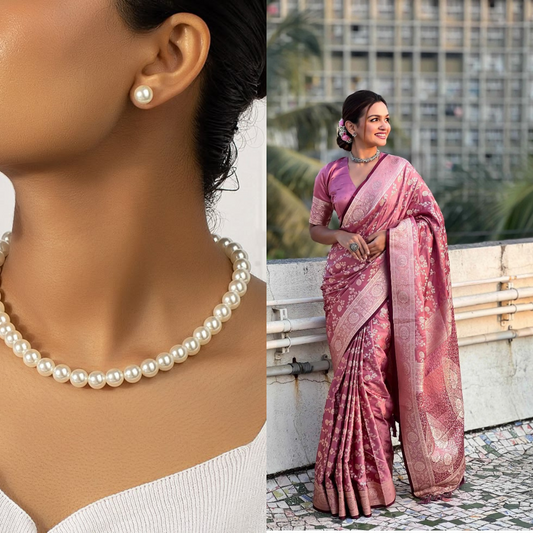 Combo Of Pink Saree With White Pearls Necklace Set