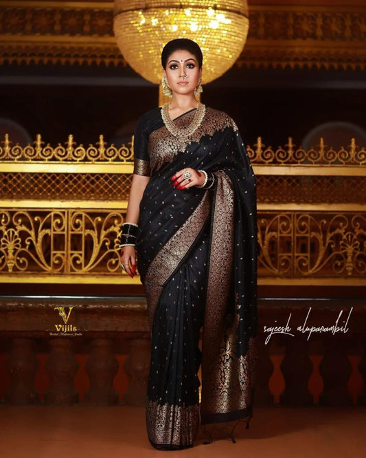 Cherish Black Color Soft Silk Saree With Blouse Piece