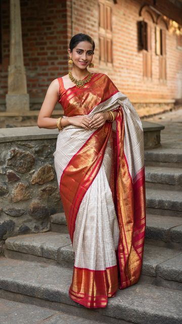 Awesome White And Red Color Soft Silk Saree