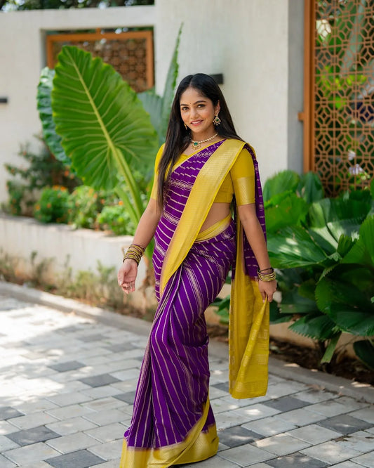 Trending Purple And Yellow Border Color  Designer Silk Saree