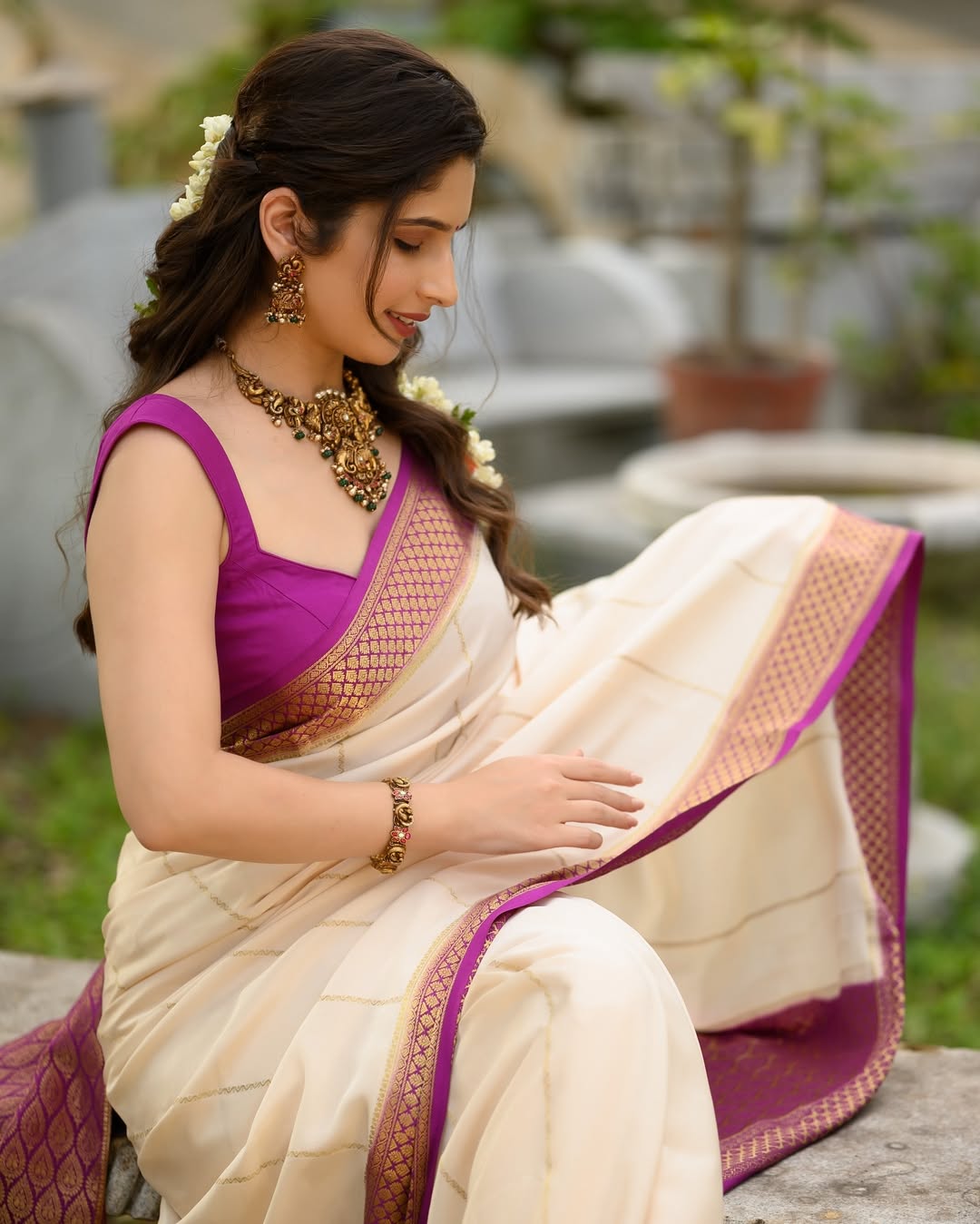 Latest Designer Cream Banarasi Silk Saree with Rich Pallu