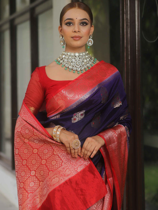 Wedding Wear Blue Banarasi Silk Saree With Blouse Piece