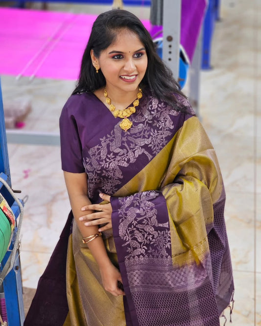 Musturd And Purple Color Soft Silk Saree With Blouse Piece