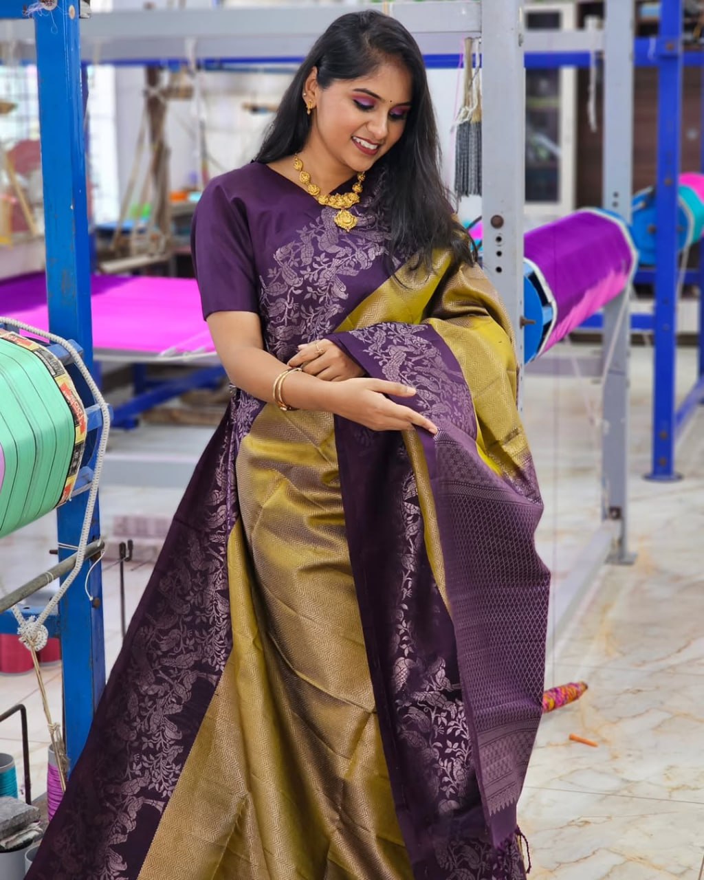 Musturd And Purple Color Soft Silk Saree With Blouse Piece
