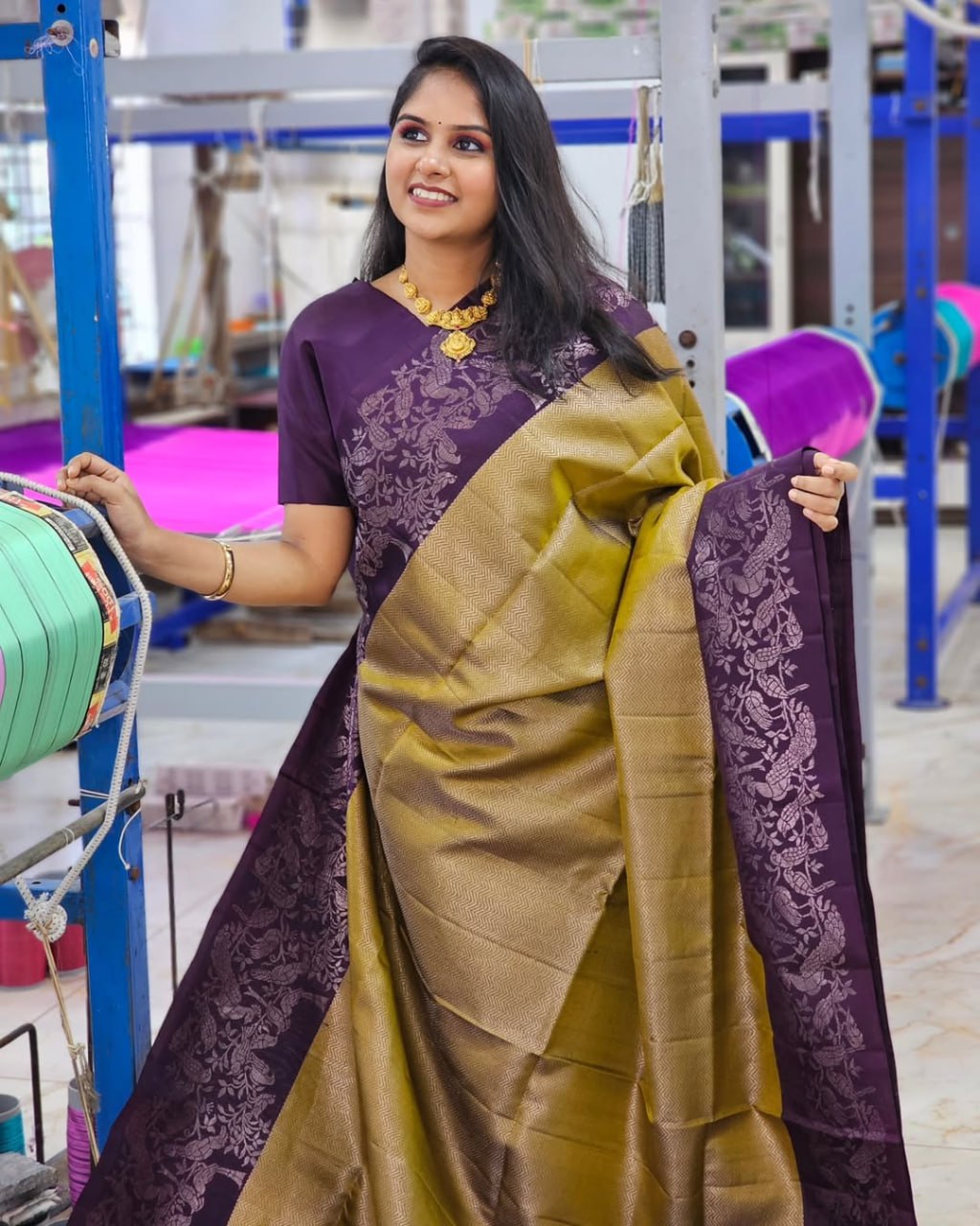 Musturd And Purple Color Soft Silk Saree With Blouse Piece