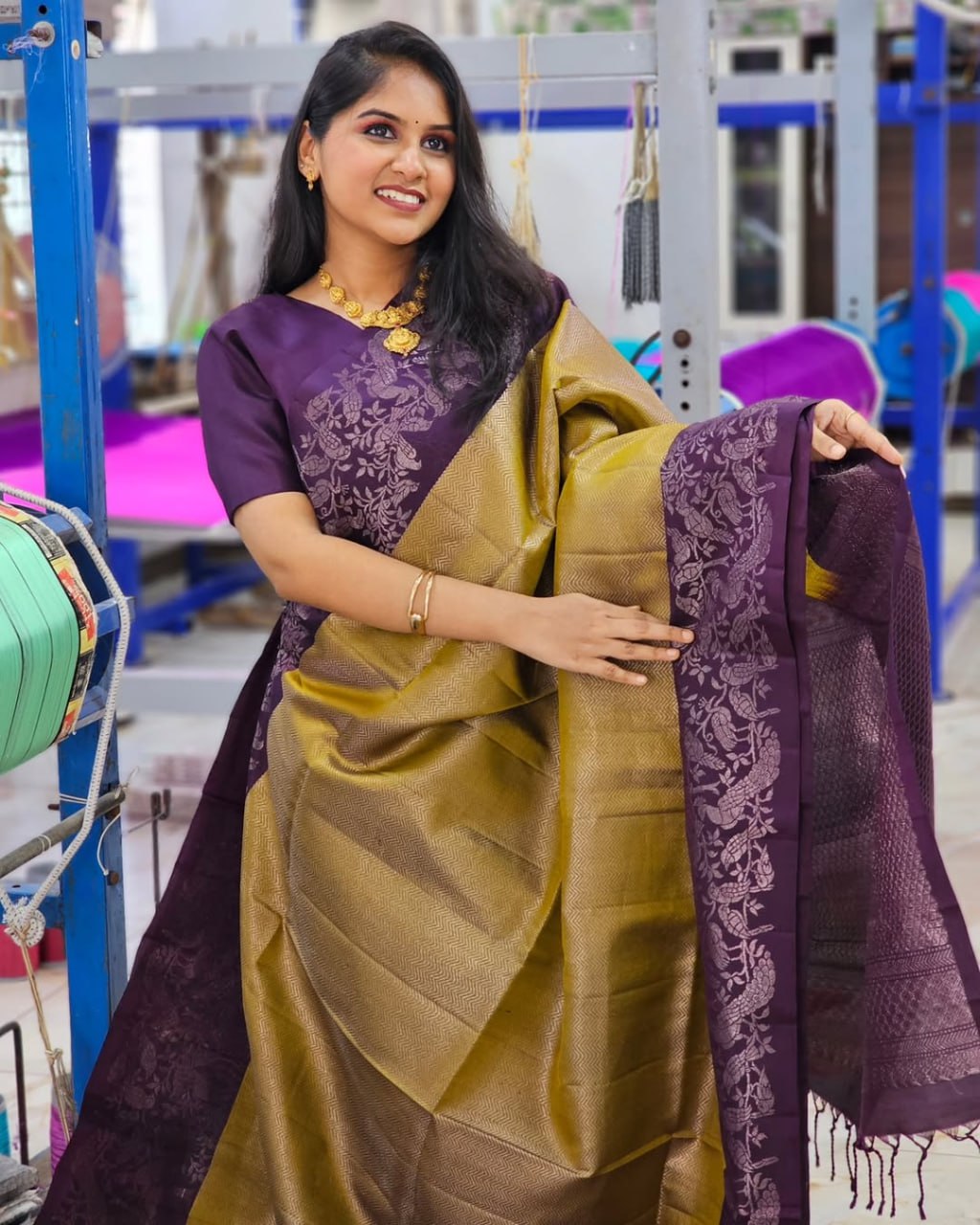 Musturd And Purple Color Soft Silk Saree With Blouse Piece