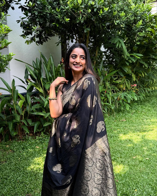 Party Wear Black Soft Banarasi Silk Saree With Blouse Piece