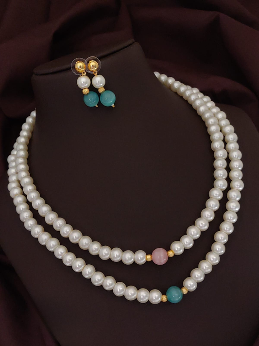 2 Line White Pearls Mala With Earrings